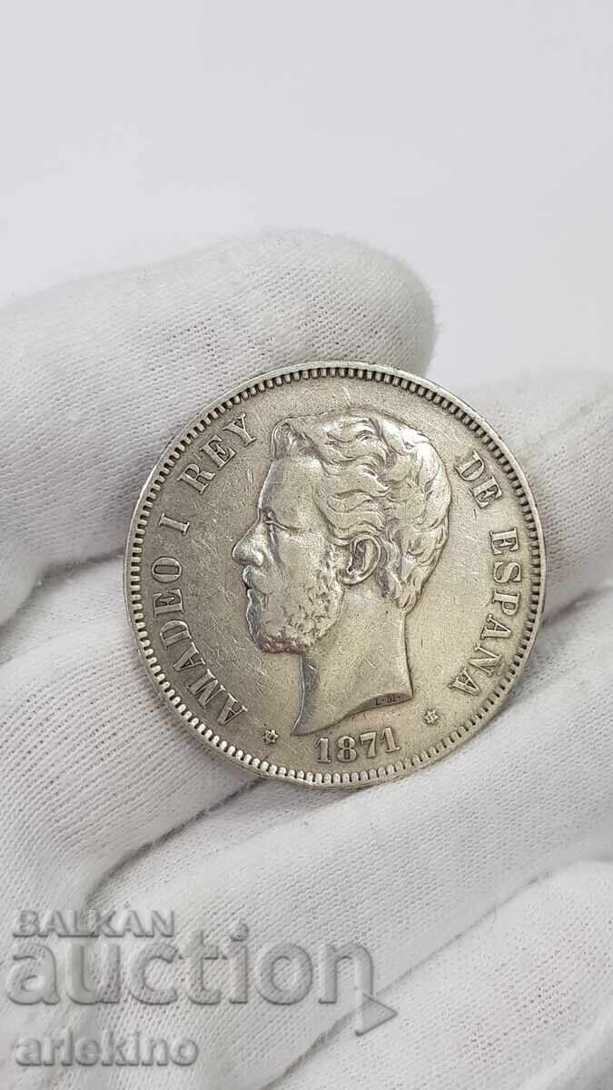 Rare silver coin 5 pesetas 1871 with price 78.00 BGN | € 39.88 Rare silver coin 5 pesetas 1871 with price 78.00 BGN | € 39.88