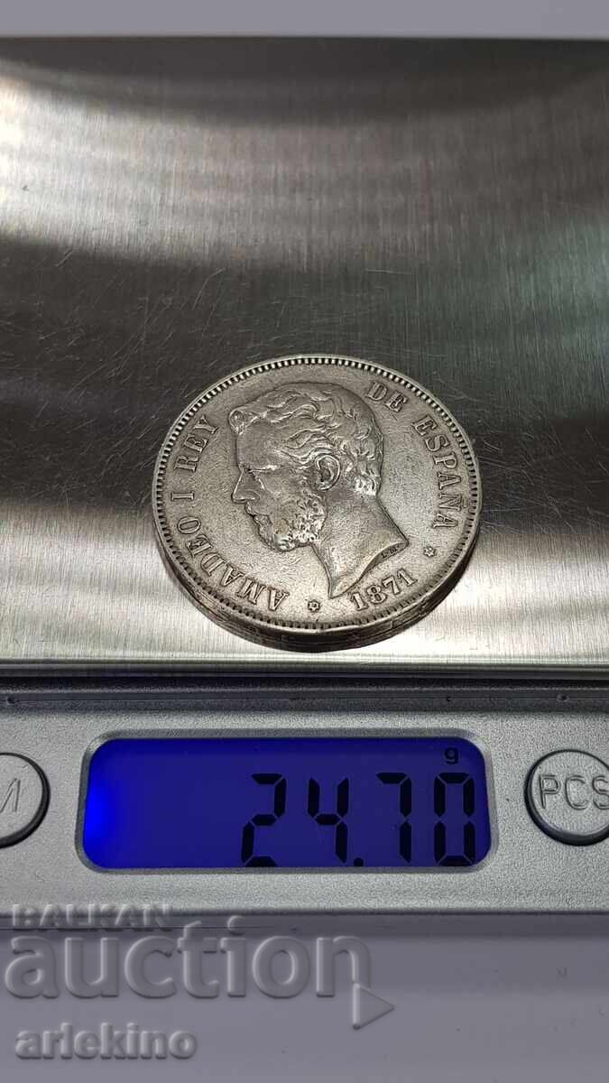 Rare silver coin 5 pesetas 1871 - 6 Rare silver coin 5 pesetas 1871 - 6