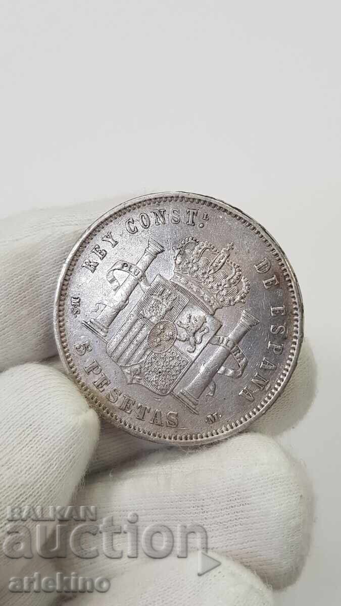 Auction Rare silver coin 5 pesetas 1885 Auction Rare silver coin 5 pesetas 1885