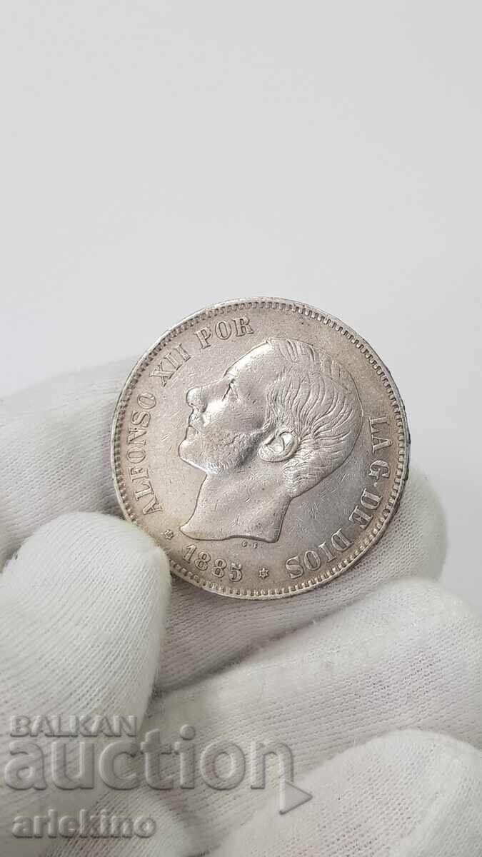 Rare silver coin 5 pesetas 1885 - 5 Rare silver coin 5 pesetas 1885 - 5