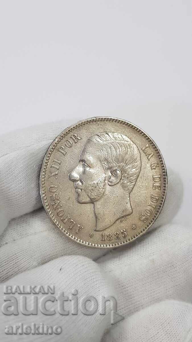 Rare silver coin 5 pesetas 1885 Rare silver coin 5 pesetas 1885