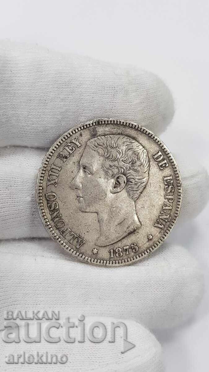 Auction  Rare silver coin 5 pesetas 1875