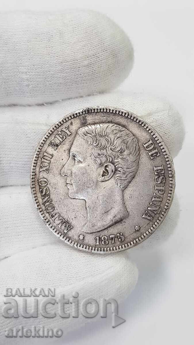 Rare silver coin 5 pesetas 1875