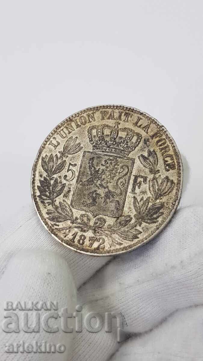 Auction Uncleaned, natural silver coin 5 Francs 1872 Belgium Auction Uncleaned, natural silver coin 5 Francs 1872 Belgium
