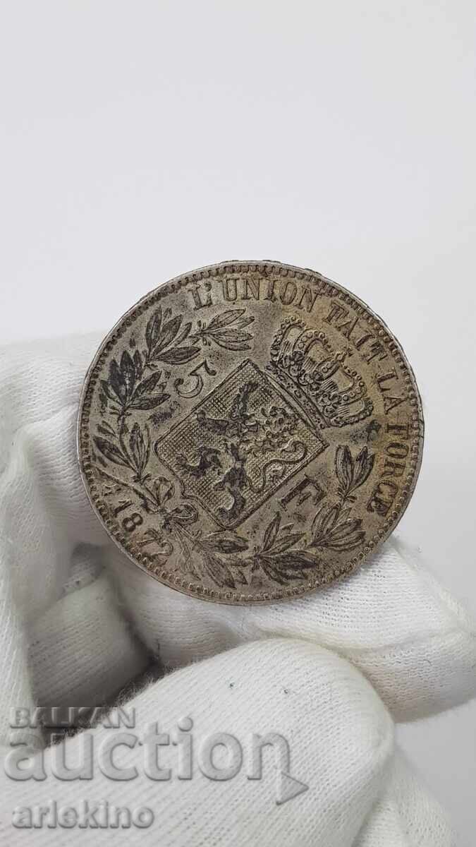 Delivery of Uncleaned, natural silver coin 5 Francs 1872 Belgium Delivery of Uncleaned, natural silver coin 5 Francs 1872 Belgium