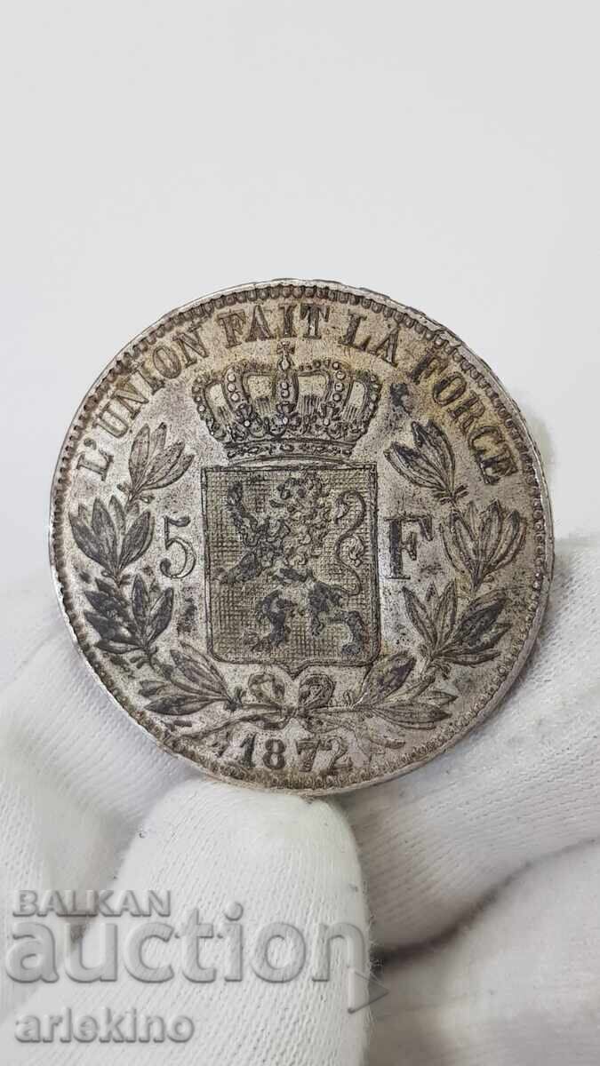 Uncleaned, natural silver coin 5 Francs 1872 Belgium Uncleaned, natural silver coin 5 Francs 1872 Belgium