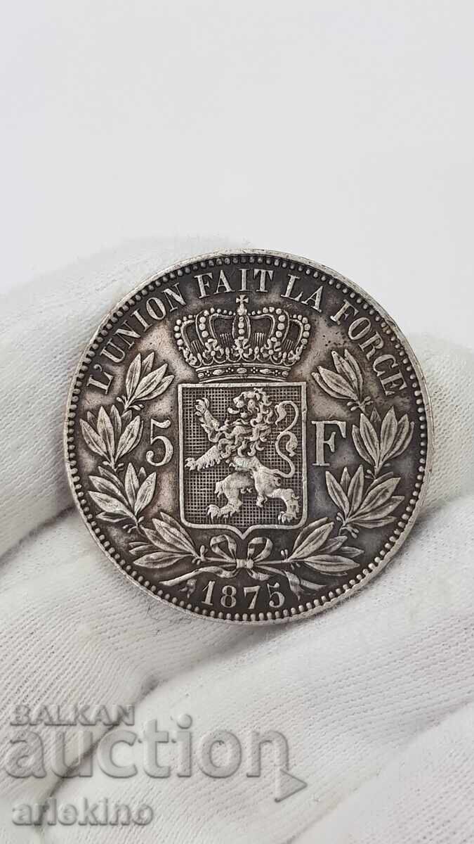 Monedă de colecție din argint 5 franci 1875 Belgia Monedă de colecție din argint 5 franci 1875 Belgia
