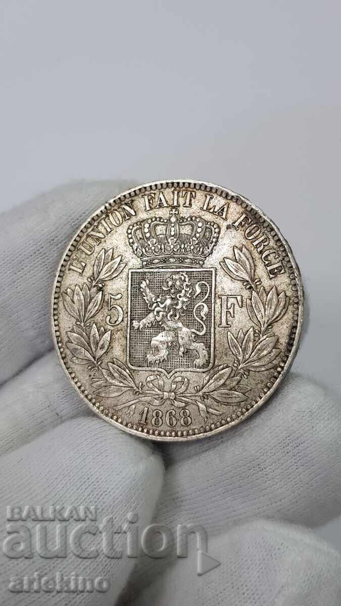 Collectible Silver Coin 5 Francs 1868 Belgium Collectible Silver Coin 5 Francs 1868 Belgium