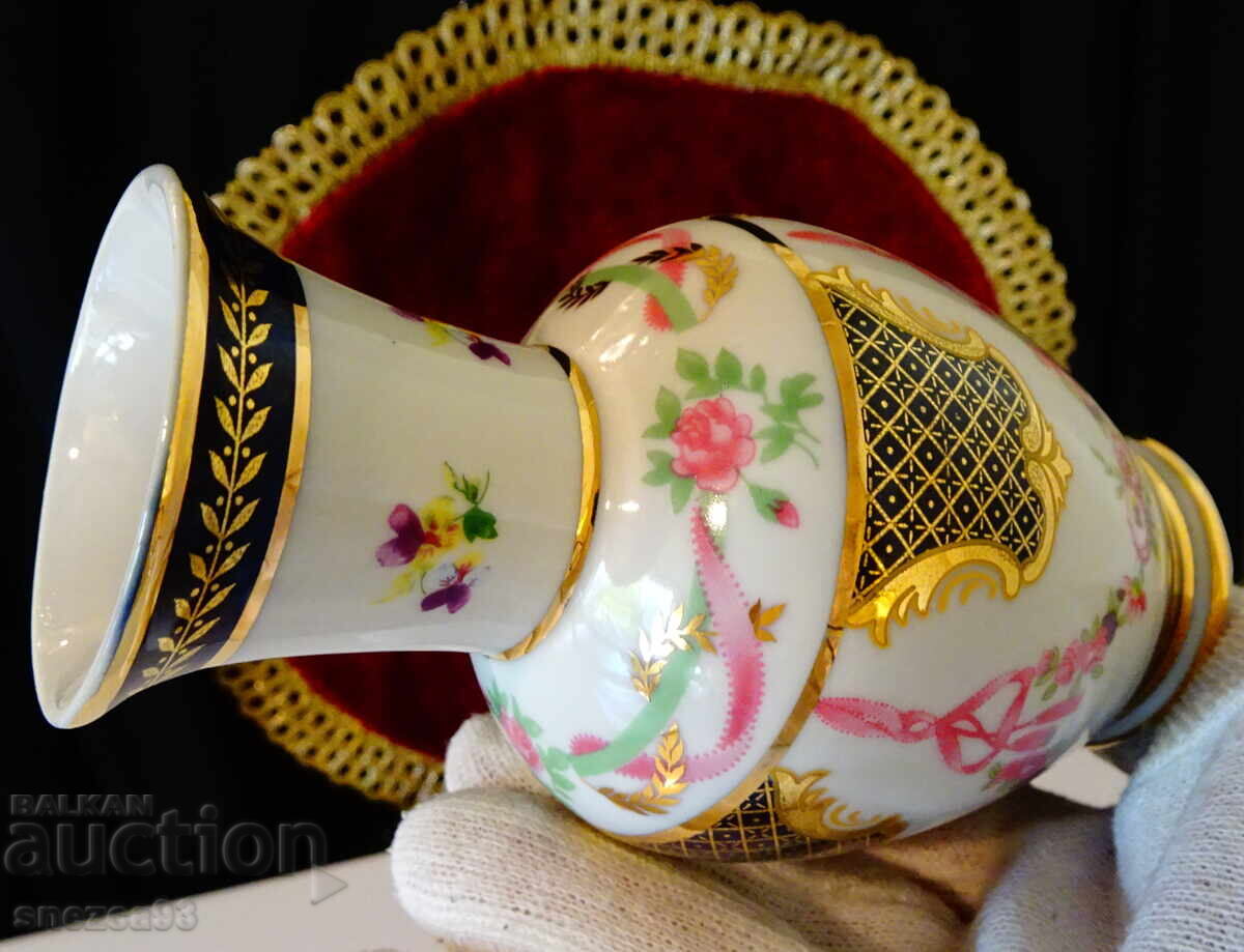 Vază din porțelan aur, trandafiri, cobalt, coroană de lauri, ștampilă - 5