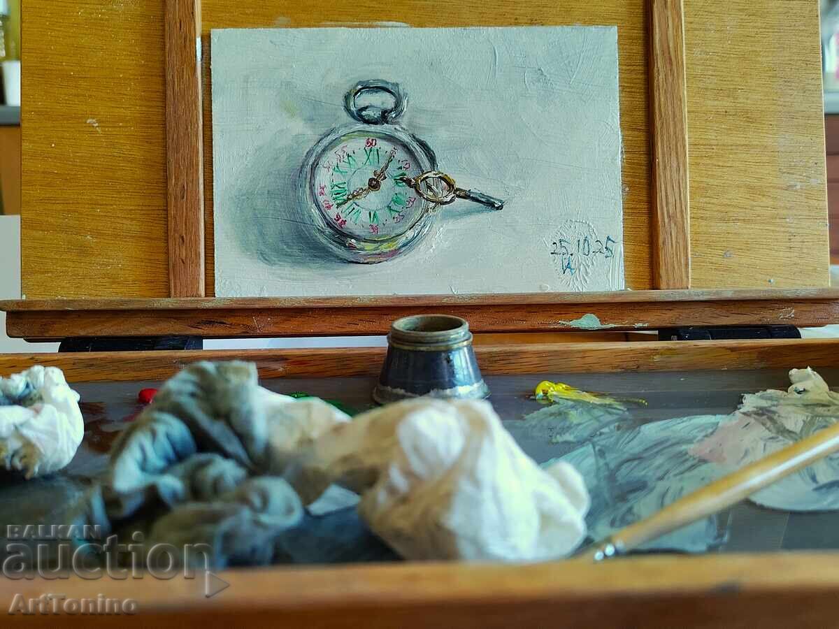 Ελαιογραφία-Νεκρή φύση-Τσεπητικό ρολόι με κλειδί-Α.Ιορδάνωφ με τιμή 11.00 BGN | € 5.62