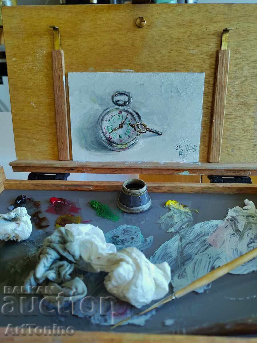 Δημοπρασία Ελαιογραφία-Νεκρή φύση-Τσεπητικό ρολόι με κλειδί-Α.Ιορδάνωφ