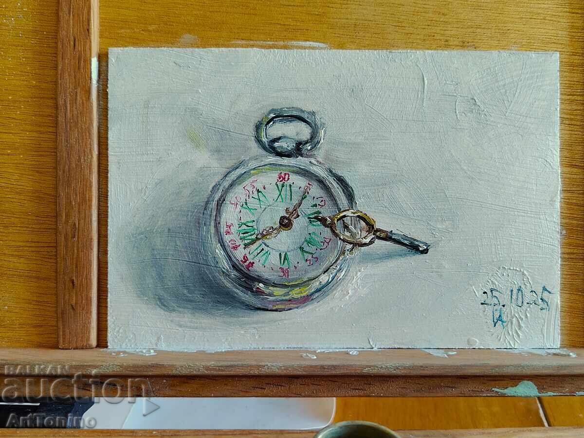 Παράδοση Ελαιογραφία-Νεκρή φύση-Τσεπητικό ρολόι με κλειδί-Α.Ιορδάνωφ