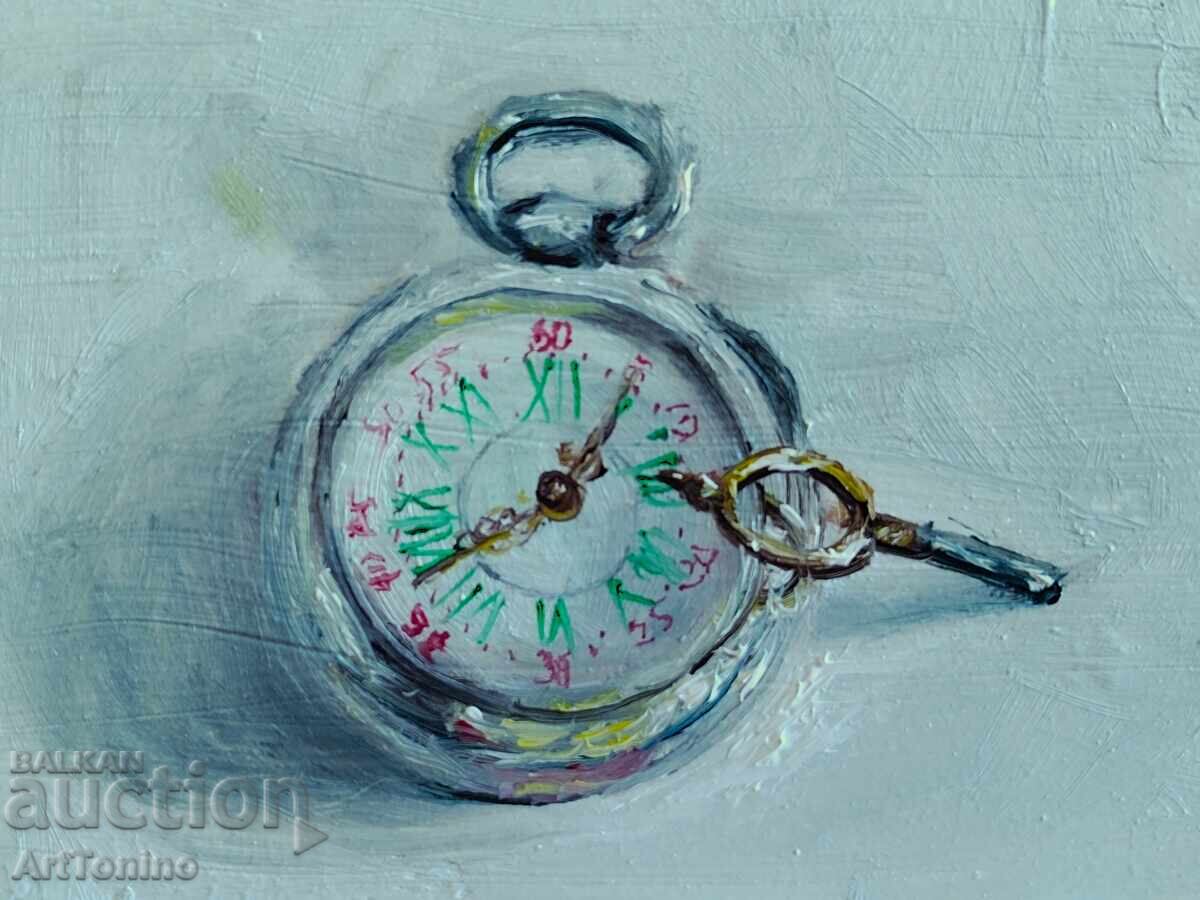 Ελαιογραφία-Νεκρή φύση-Τσεπητικό ρολόι με κλειδί-Α.Ιορδάνωφ - 6