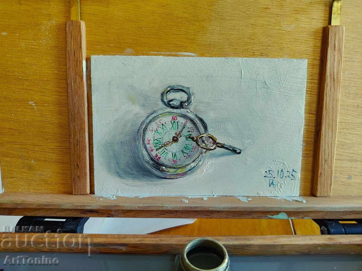 Ελαιογραφία-Νεκρή φύση-Τσεπητικό ρολόι με κλειδί-Α.Ιορδάνωφ - 7