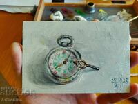 Oil painting - Still life - Pocket watch with key - A. Yordanov