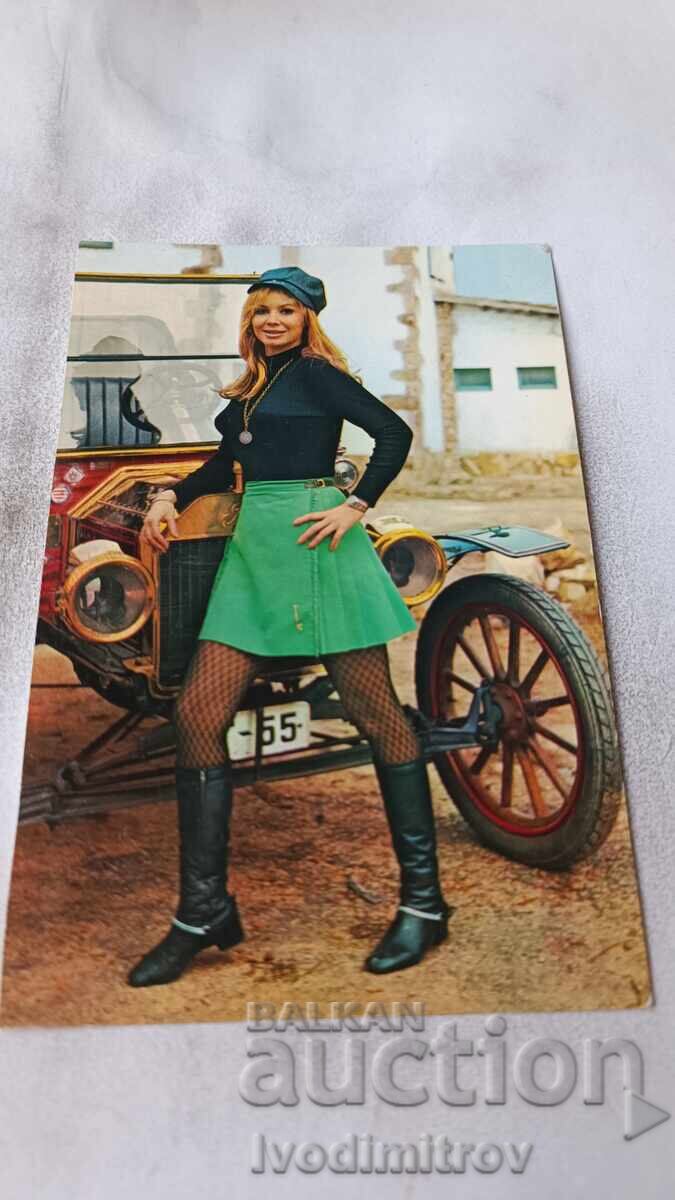 Postcard Young girl in front of a retro car