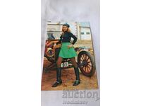 Postcard Young girl in front of a retro car