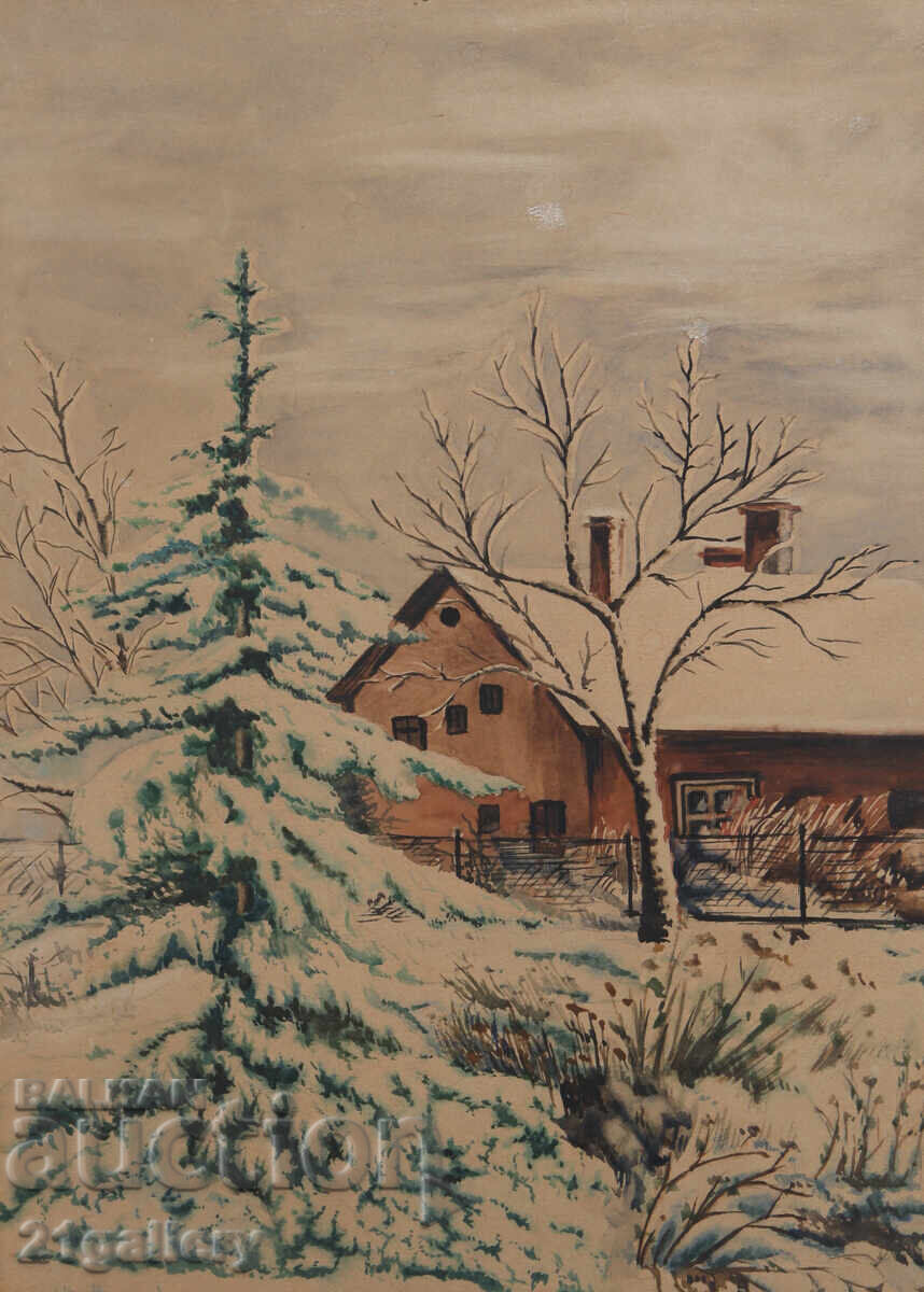 Auction  Old watercolor painting winter landscape