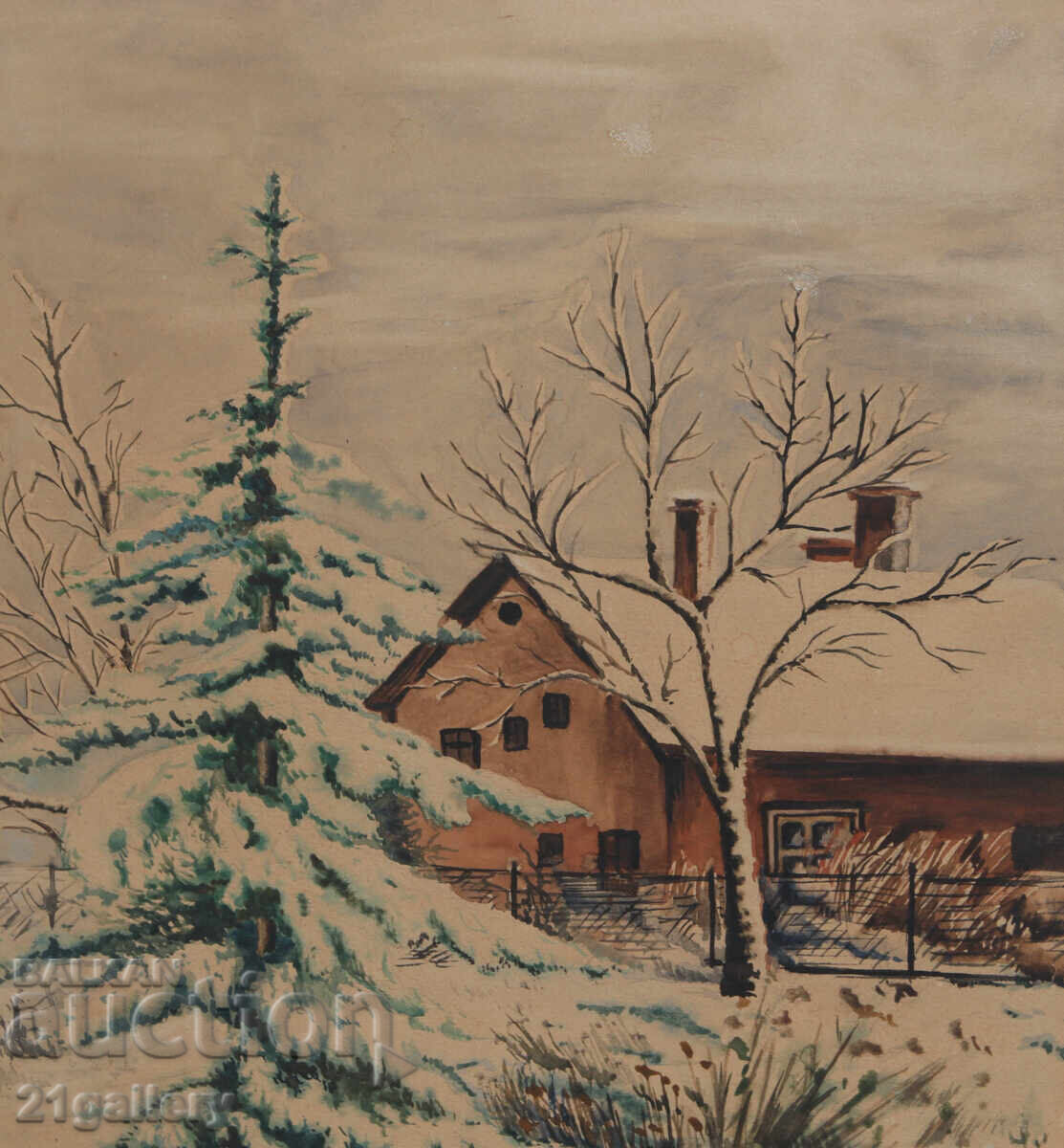 Delivery of Old watercolor painting winter landscape