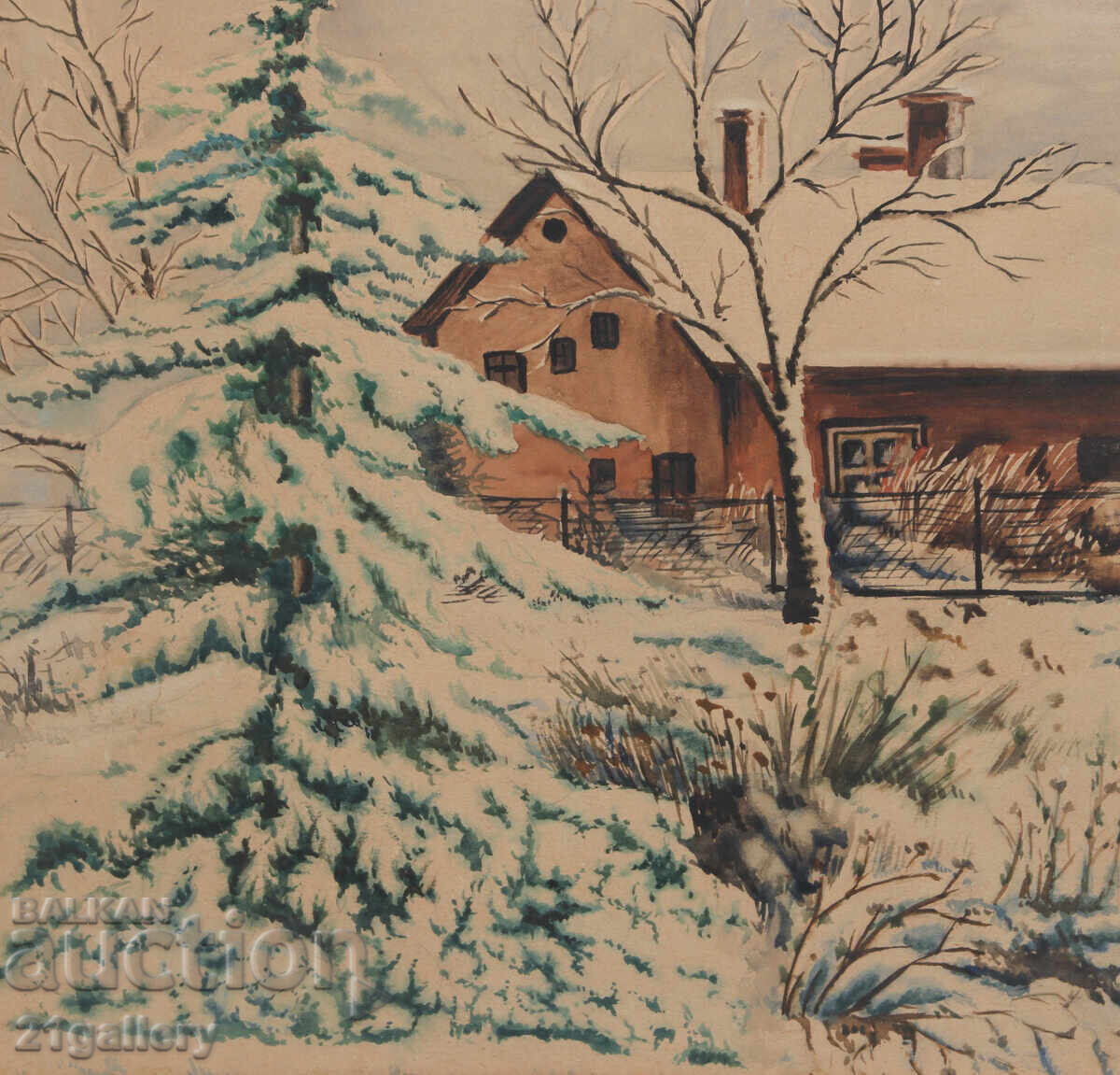 Old watercolor painting winter landscape - 5