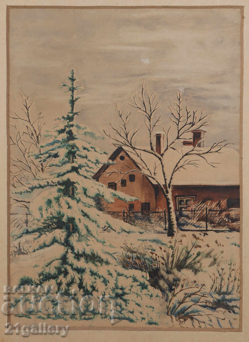 Old watercolor painting winter landscape