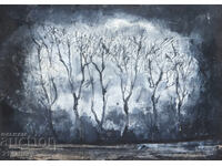 Tablou vechi, culori tempera, peisaj