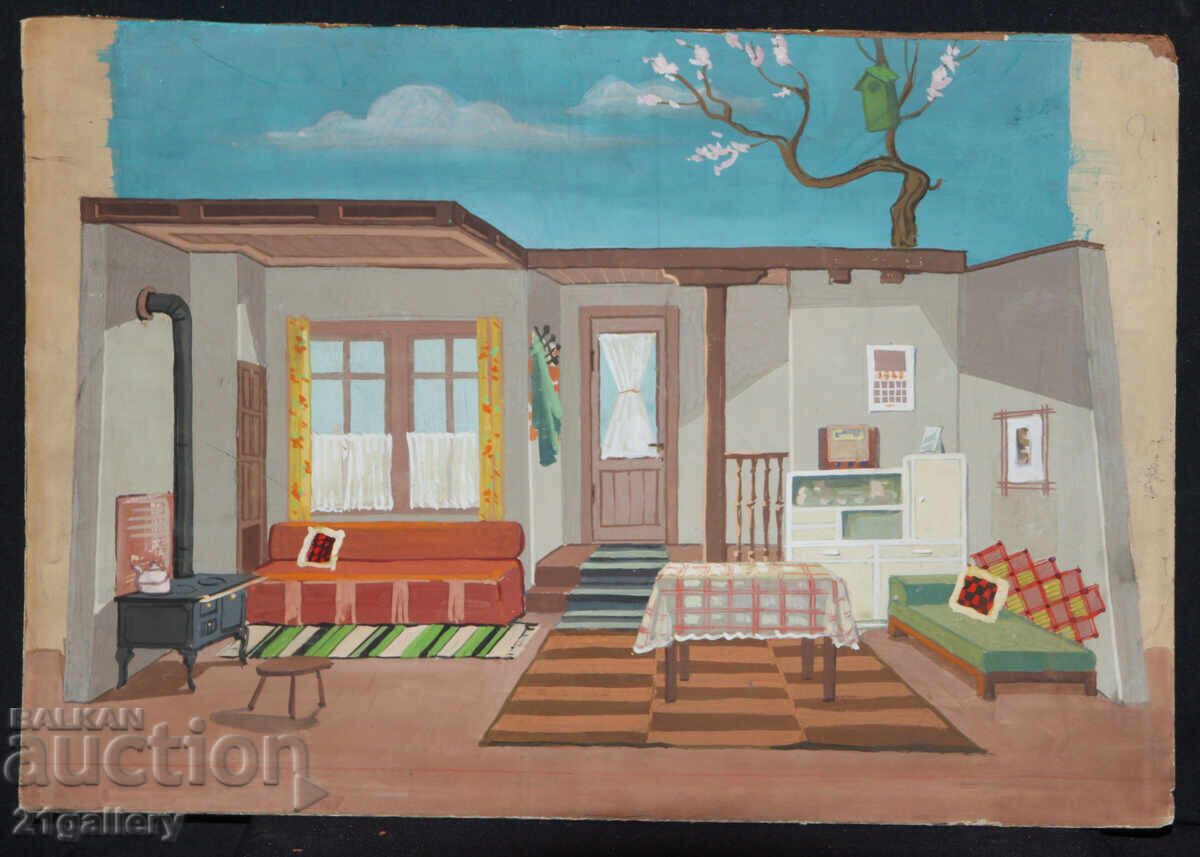 Old painting, tempera paints, Revival house interior with price 350.00 BGN | € 178.95