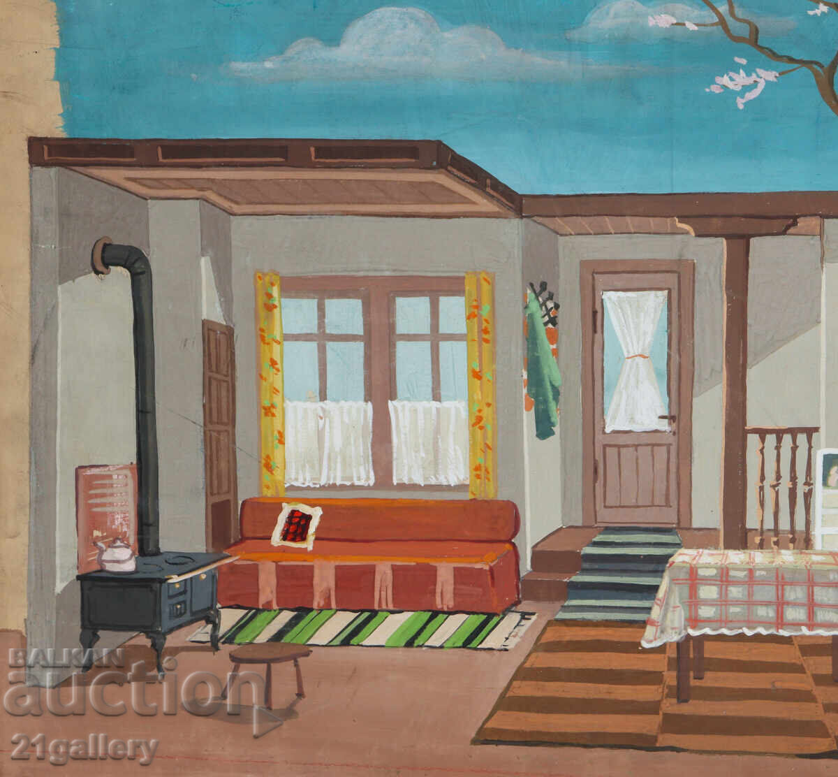 Delivery of Old painting, tempera paints, Revival house interior