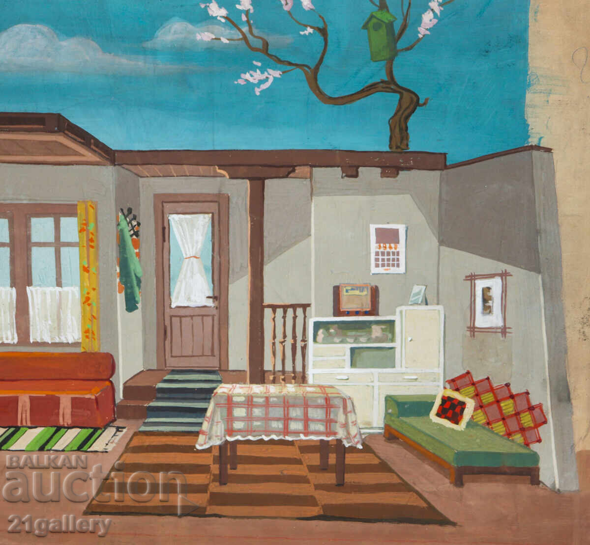 Old painting, tempera paints, Revival house interior - 5