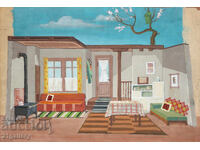 Veche pictură cu vopsele tempera, casă de renaștere, interior