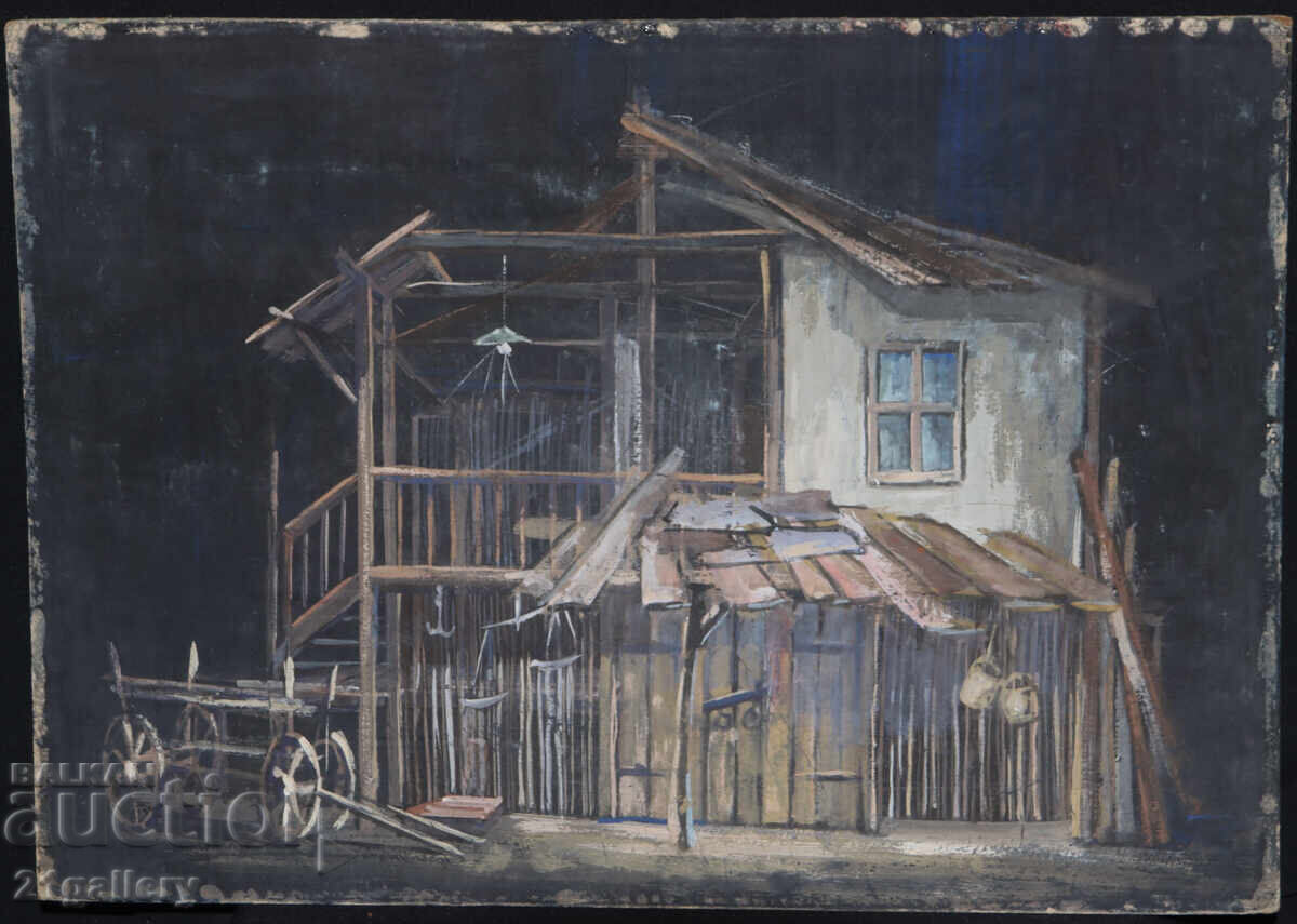 Old painting, tempera paints, Revival house, landscape with price 350.00 BGN | € 178.95