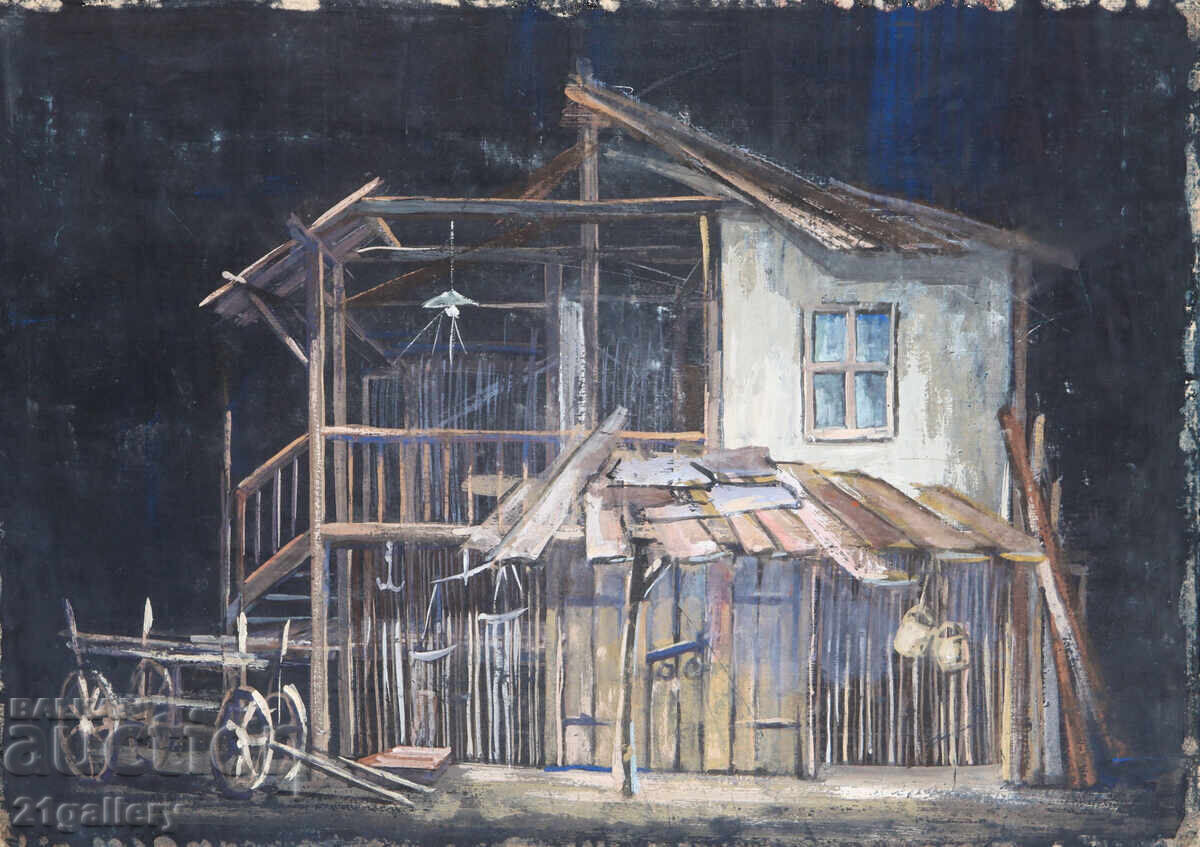 Old painting, tempera paints, Revival house, landscape