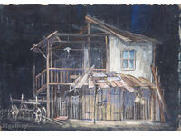 Pictură veche, culori tempera, casă de renaștere, peisaj