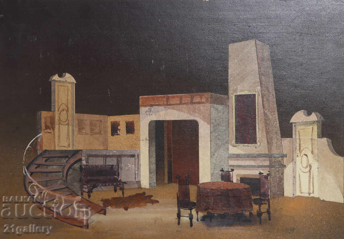 Auction Mid-20th Century Painting, Tempera Paints, Old House Interior Auction Mid-20th Century Painting, Tempera Paints, Old House Interior