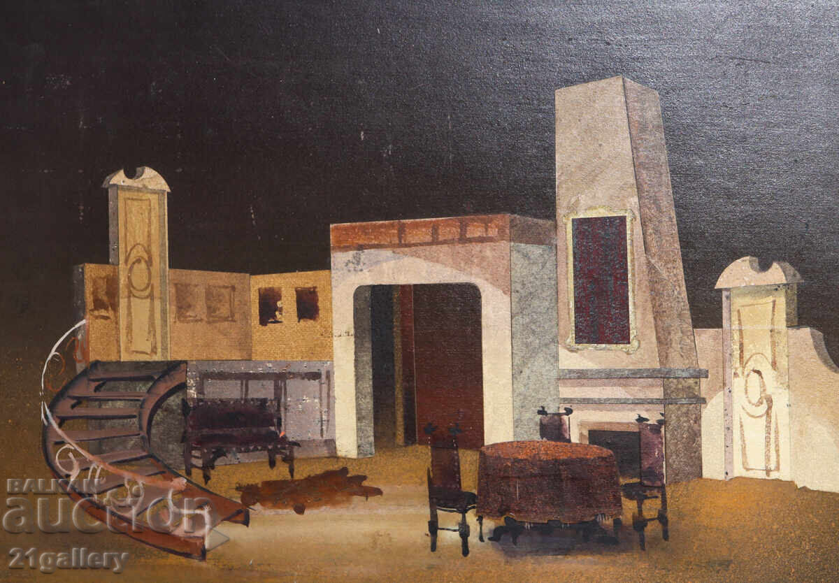 Mid-20th Century Painting, Tempera Paints, Old House Interior Mid-20th Century Painting, Tempera Paints, Old House Interior