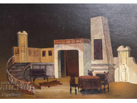 Tablou din secolul al XX-lea, pictură tempera, casă veche, interior