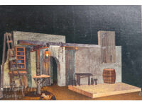 Tablou din secolul al XX-lea, pictură tempera, casă veche, interior