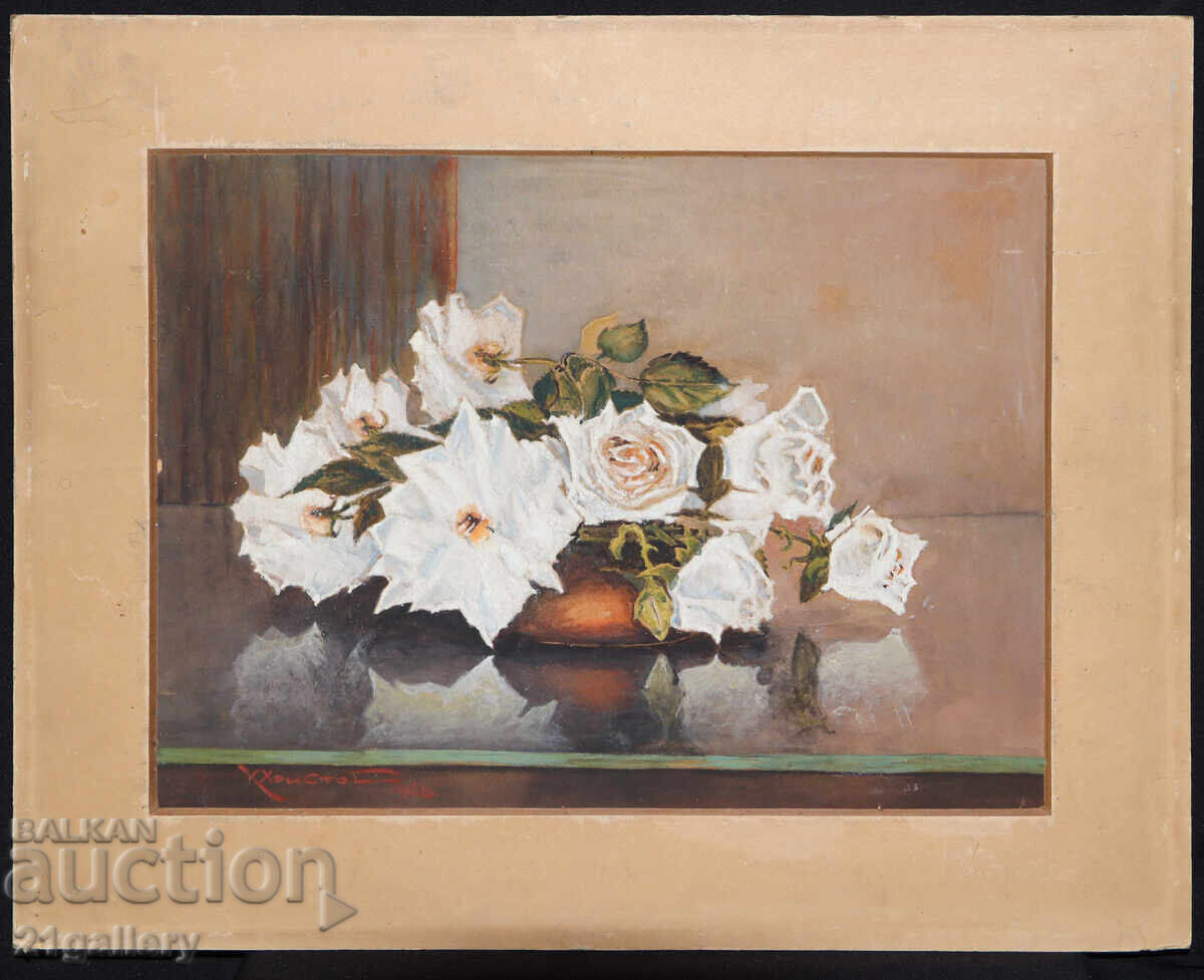Old oil painting, still life with flowers, 1956 with price 450.00 BGN | € 230.08