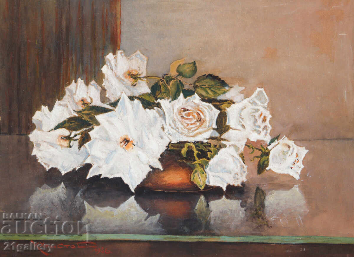 Auction  Old oil painting, still life with flowers, 1956