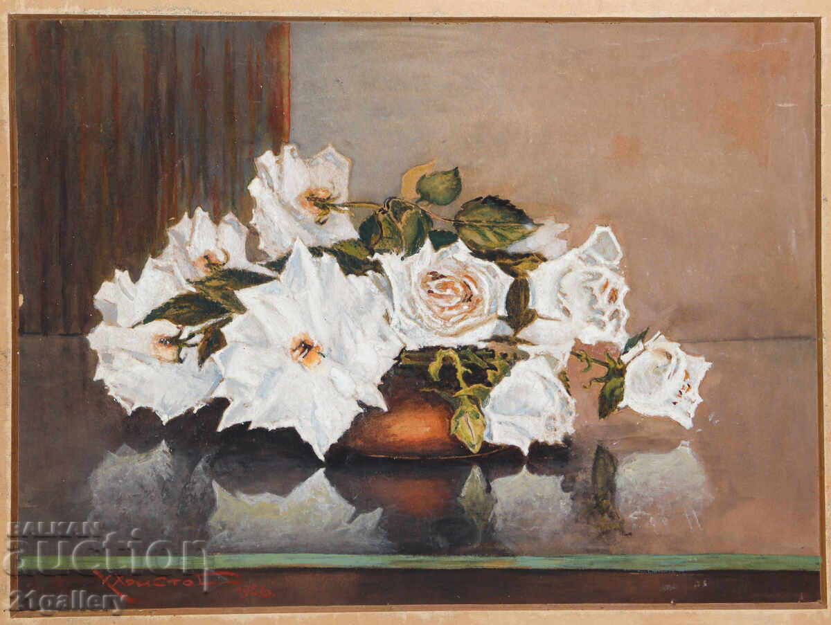 Delivery of Old oil painting, still life with flowers, 1956