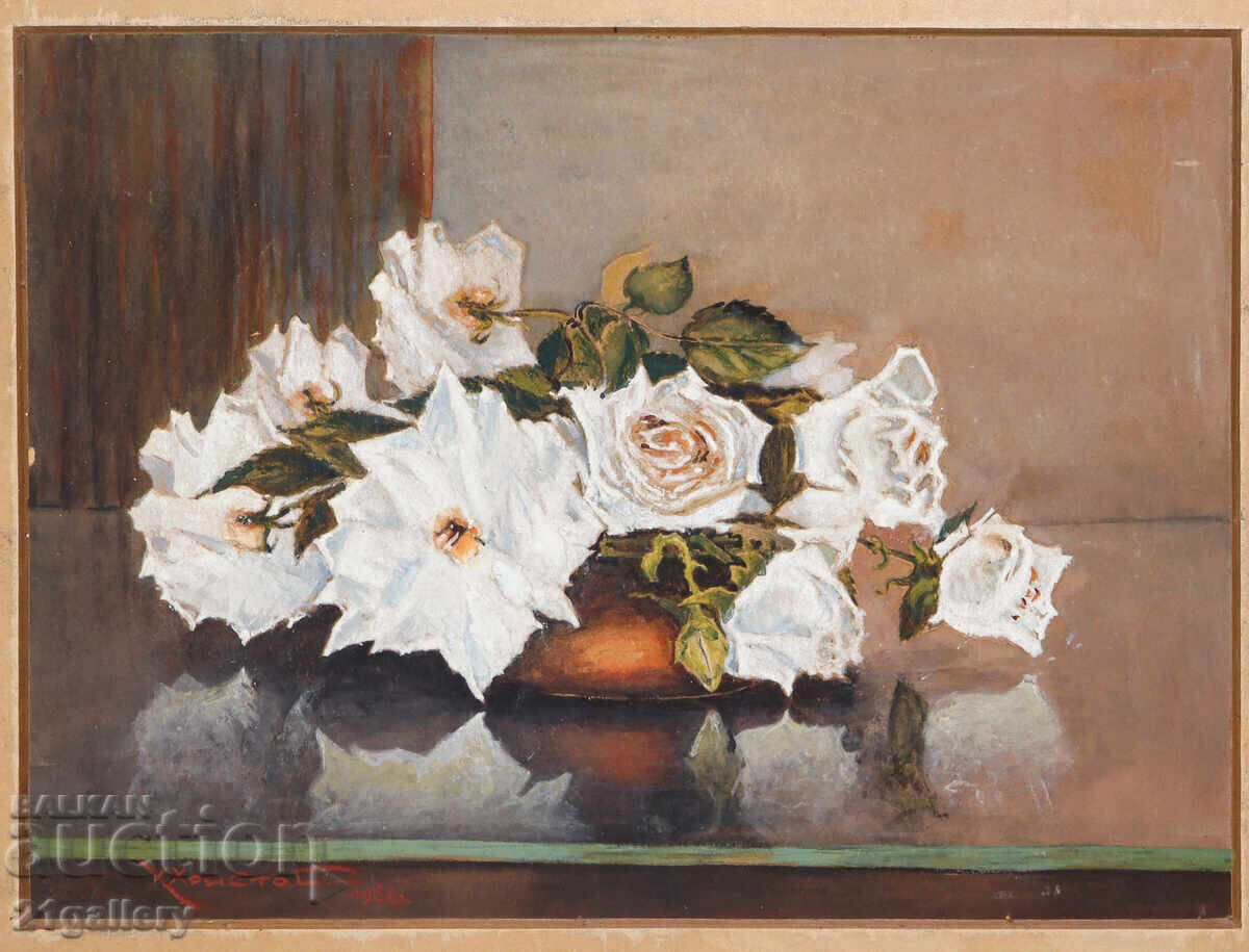 Old oil painting, still life with flowers, 1956