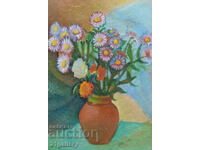 Tablou vechi cu tempera, natură statică cu flori, 1981