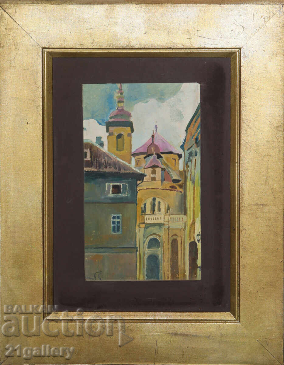 Old painting, tempera paints, cityscape