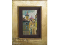 Pictură veche cu tempera, peisaj urban