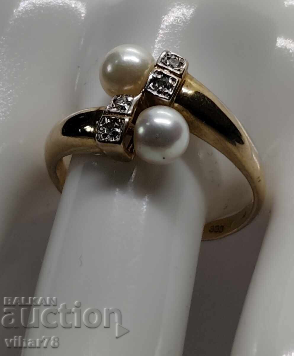 GOLD RING 8 KARAT WITH PEARLS AND DIAMONDS - 5