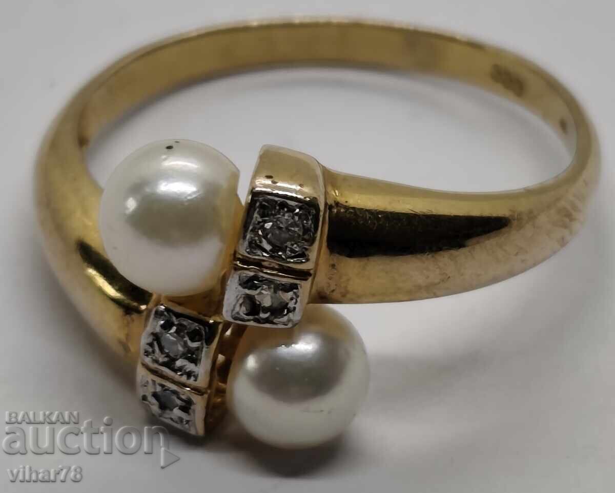 GOLD RING 8 KARAT WITH PEARLS AND DIAMONDS - 6