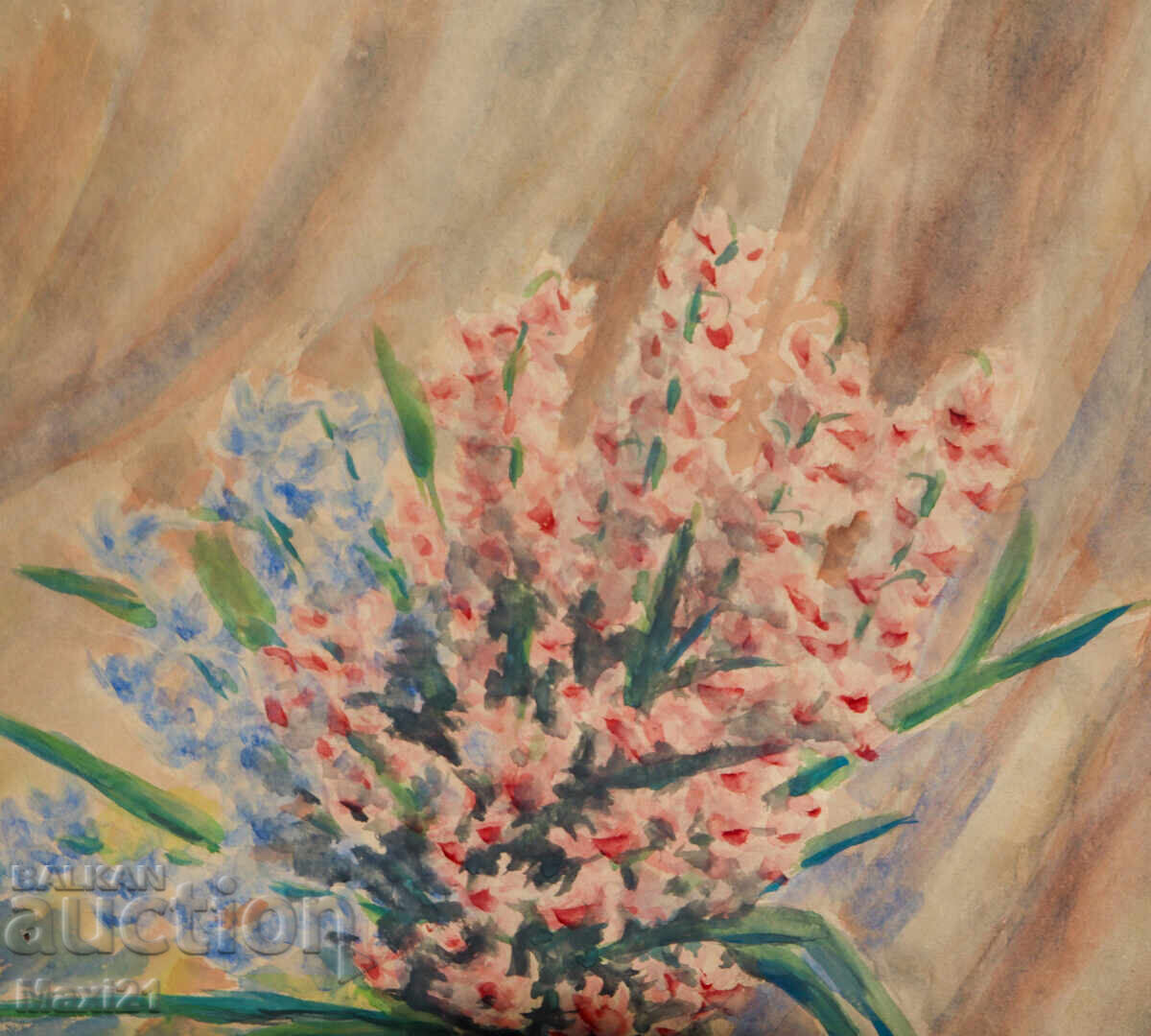 Delivery of Still life vase with flowers watercolor painting signed 1978