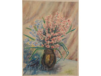 Натюрморт ваза с цветя акварел картина подписана 1978г.