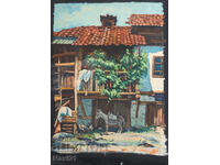 Ελαιογραφία τοπίο καθημερινής ζωής αγροτική ειδυλλία 1983