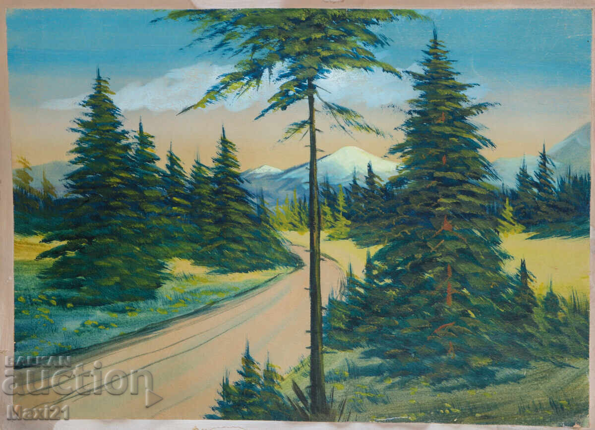 Παλιά ζωγραφιά ορεινού δρόμου τοπίο τέμπερα υπογεγραμμένη με τιμή 250.00 BGN | € 127.82